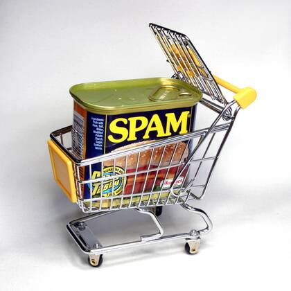 Fleischkonserve - SPAM - in einem Miniatur-Einkaufswagen