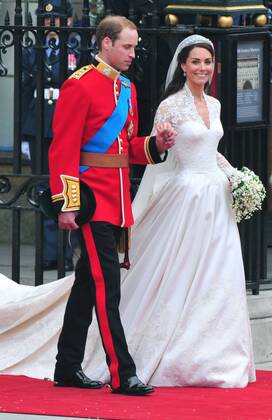 Prince William and Princess Catherine leave Westminster Abbey following their wedding ceremony in London on April 29, 2011. The former Kate Middleton married Prince William in front of 1,900 guests.  LON20110429325
