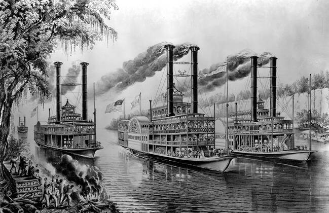 Lithograph by Currier and Ives 1866. Racing on the Mississippi. Huzza after huzza thunders from the shores, and the stately creatures go whistling by like the wind. Life on the Mississippi Mono Print !AUFNAHMEDATUM GESCHÄTZT! UnitedArchives0767824