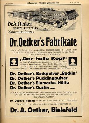 Feature Symbol: Zeitungsanzeige Dr. Oetker 06 06 teu Zeitungsanzeige aus Niedersachsen - Bielefeld-Jubiläum Sonderheft zur 700 Jahrfeier der Stadt Bielefeld 1921 Medien Print Zeitung Zeitungen Tageszeitung Annonce Anzeige Zeitungsannonce Zeitungsanzeige historisch alt antik Antiqua Druck Druckereierzeugnis Nährmittelfabrik Nährmittel Fabrik Fabrikate Schutzmarke Der helle Kopf Wahrzeichen Bielefeld Backpulver Backin Puddingpulver backen Pudding Pulver Einmache-Hülfe einmachen Gustin kochen Hausfrauen Oetker Rezepte Zeichnung Fabrikgelände Lebensmittel Hochformat hoch Sepia historisch Jubiläum Geburtstag 150