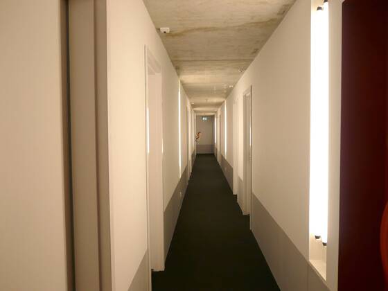 Feature Symbol: Hotel 10 08 pp Belgien Antwerpen Hotelflur Hotel Flur Hotel-Flur Gang Zimmer Hotelzimmer Tür Türen Gast Hotelgast Notausgang Fluchtweg Korridor hotel Korridor belgium antwerp quer