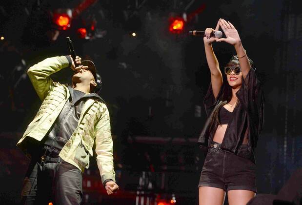 American rapper, songwriter and record producer Jay-Z and Barbadian singer Rihanna perform live during the BBC Radio 1 Hackney Weekend 2012 at Hackney Marshes in London on June 23, 2012.  LON20120623236