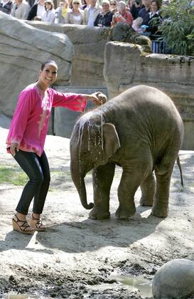 Nandini Mitra Fernseh-Moderatorin Nandini Mitra tauft mit Kokosmilch das Elefanten-Baby Shahrukh im Hamburger Tierpark Hagenbeck Foto:xU.xGlockmannx xFuturexImage