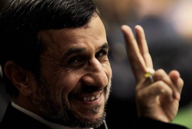 His Excellency Mahmoud Ahmadinejad, President of the Islamic Republic of Iran gives the peace sign to photographers before he addresses the United Nations at the 67th United Nations General Assembly in the UN building in New York City on September 26, 2012.  NYP20120926108