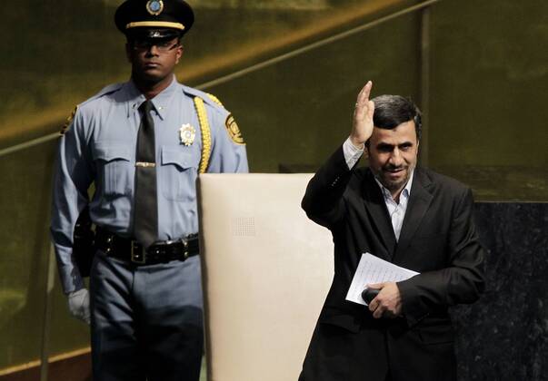 His Excellency Mahmoud Ahmadinejad, President of the Islamic Republic of Iran waves after he addresses the United Nations at the 67th United Nations General Assembly in the UN building in New York City on September 26, 2012.  NYP20120926120