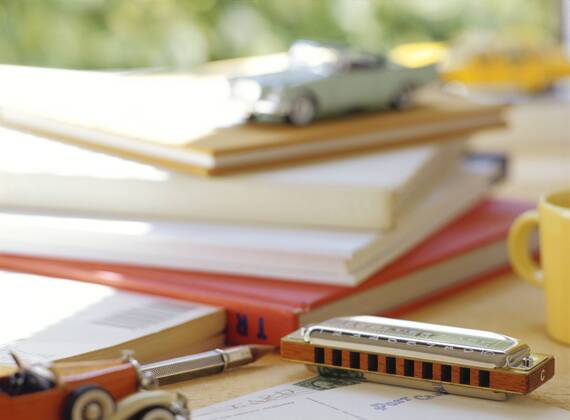 Mundharmonika neben Büchern  - Symbolfoto (bhja0002132)