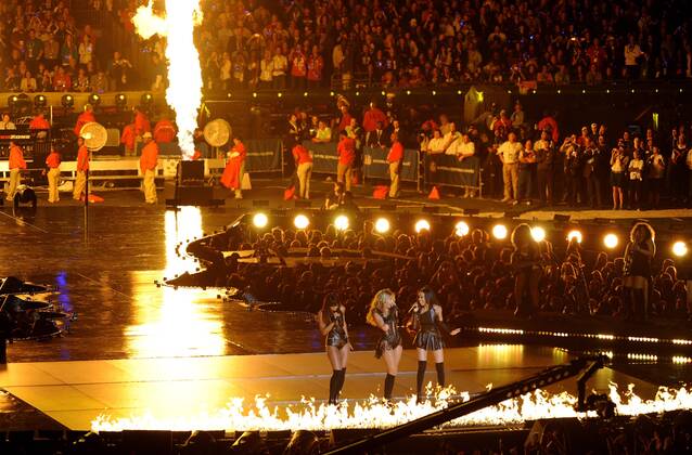 Beyonce and Destiny s Child (Kelly Rowland, Michelle Williams)perform during the Super Bowl XLVII halftime show at the Mercedes-Benz Superdome on February 3, 2013 in New Orleans.  SBP20130203719