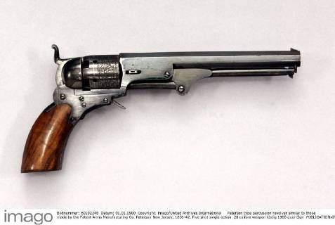 Paterson type percussion revolver similar to those made by the Patent Arms Manufacturing Co. Paterson New Jersey, 1836-42. Five shot single action .28 calibre weapon UnitedArchives00933632 