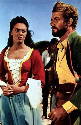 Michele Mercier, Richard Harrison In letzter Sekunde wird David (Richard Harrison) vom Piratenkapitaen Van Artz gerettet. Er verliebt sich in dessen Tochter Jennifer (Michele Mercier). 1961 UnitedArchives01347309