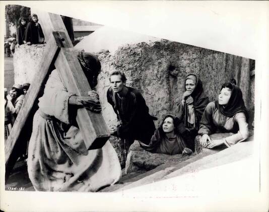 Nov. 17, 1959 - The Face That Is Never Seen.. Jesus Carries His Cross - In New Ben Hur Film. Jesus carries His Cross to Calvary - from the new film version of Ben Hur produced by Metro-Goldwyn-Mayer.. The film has its European premiere in London on December 16th.. Looking on can be seen Charlton Heston as Ben Hur - his mother and sister Martha Scott and Cathy O Donnell and his fianc?e Haya Harareet.  - ZUMAk09