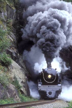 The Royal Hudson steam train emerges from a tunnel, British Columbia, Canada.  bcp04095 ChrisxHarris