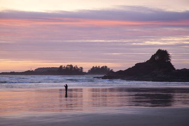 Cox Bay and Sunset Point at sunset near Tofino, British Columbia, Canada on Vancouver Island in Clayoquot Sound UNESCO Biosphere Reserve.  acp52474 photography
