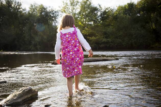 Little girl playing at riverside model released Symbolfoto  LVF001801