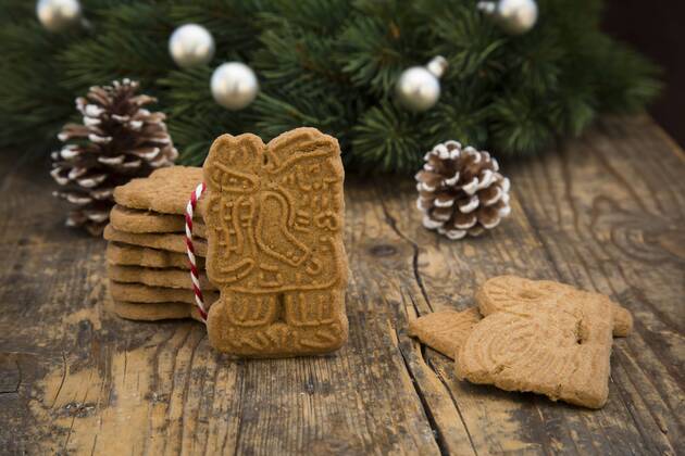 Almond biscuits, fir cones and decorated fir branch on wood  LVF002443