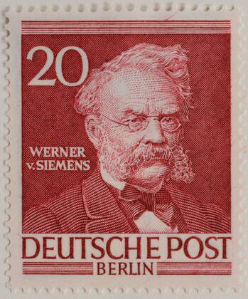  Werner von Siemens, deutscher Erfinder und Industrieller, Porträt, deutsche Briefmarke, Berlin, 1952 ibxjon04063596.jpg