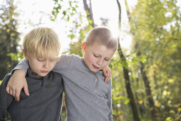 Germany, two friends arm in arm in a forest model released Symbolfoto  PDF000813