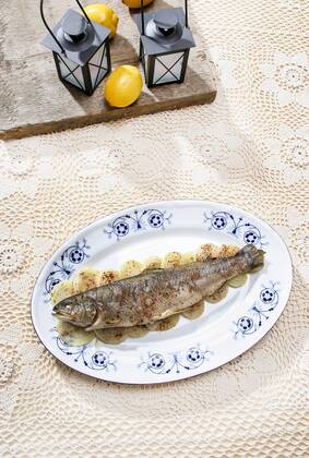 Fish plate in greek tavern. Roasted trout on onion. Fresh salads in the background, pretty beige handmade table cloth. Decorative lanterns and lemons.  Copyright: KantarukxAgnieszka bew180F5AD