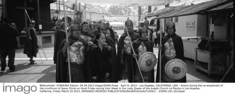 April 4, 2013 - Los Angeles, CALIFORNIA, USA - Actors during the re-enactment of the crucifixion of Jesus Christ on Good Friday during Holy Week in Our Lady Queen of the Angels Church La Placita in Los Angeles, California, Friday March 29 2013..ARMANDO ARORIZO  - ZUMAil