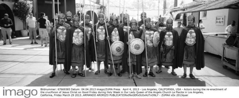 April 4, 2013 - Los Angeles, CALIFORNIA, USA - Actors during the re-enactment of the crucifixion of Jesus Christ on Good Friday during Holy Week in Our Lady Queen of the Angels Church La Placita in Los Angeles, California, Friday March 29 2013..ARMANDO ARORIZO  - ZUMAil