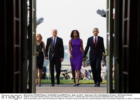 Sept. 11, 2013 - Washington, DC, United States of America - US President Barack Obama, First Lady Michelle Obama, Vice President Joe Biden and Dr. Jill Biden walk back to the Diplomatic Reception Room after joining staff on the South Lawn of the White House to observe a moment of silence to mark the 12th anniversary of the 9 11 attacks September 11, 2013 in Washington, DC. Washington United States of America - ZUMAp138