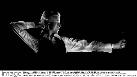 Jan 10, 2016 - File - DAVID BOWIE, the infinitely changeable, fiercely forward-looking songwriter who taught generations of musicians about the power of drama, images and personae, died Sunday surrounded by family. He was 69. Bowie died after an 18-month battle with cancer. Pictured: Jun 28, 1976 - Toronto, Ontario, Canada - DAVID BOWIE iconic photograph of the Thin White Duke (Bowie’s theatrical persona at the time) in his ‘Archer’ shot at Maple Leaf Gardens in Toronto, during the singer’s 1976 Station to Station tour. Los Angeles U.S. - ZUMAr81_