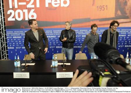 V.l.n.r.: Schauspieler Channing Tatum, Schauspieler George Clooney und die Regisseure -Joel und Ethan Coen während der Pressekonferenz zum Film -Hail, Caesar- anlässlich der 65. Internationalen Filmfestspiele Berlin 66. Internationale Filmfestspiele in Berlin IFB2016