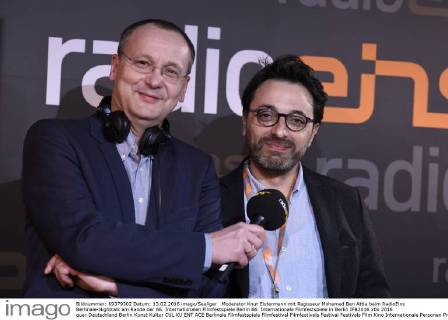 Moderator Knut Elstermann mit Regisseur Mohamed Ben Attia beim RadioEins Berlinale-Nighttalk am Rande der 66. Internationalen Filmfestspiele Berlin 66. Internationale Filmfestspiele in Berlin IFB2016