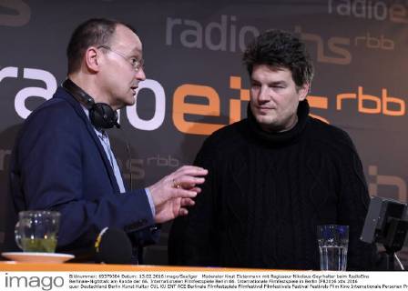 Moderator Knut Elstermann mit Regisseur Nikolaus Geyrhalter beim RadioEins Berlinale-Nighttalk am Rande der 66. Internationalen Filmfestspiele Berlin 66. Internationale Filmfestspiele in Berlin IFB2016