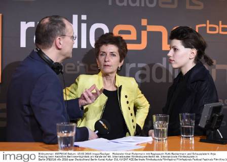 Moderator Knut Elstermann mit Regisseurin Ruth Beckermann und Schauspielerin Anja Plaschg beim RadioEins Berlinale-Nighttalk am Rande der 66. Internationalen Filmfestspiele Berlin 66. Internationale Filmfestspiele in Berlin IFB2016
