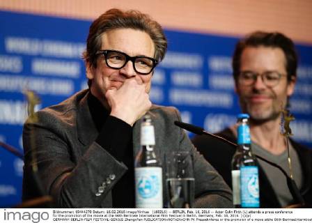 (160216) -- BERLIN, Feb. 16, 2016 -- Actor Colin Firth (L) attends a press conference for the promotion of the movie at the 66th Berlinale International Film Festival in Berlin, Germany, Feb. 16, 2016. ) (zjy) GERMANY-BERLIN-FILM FESTIVAL-GENIUS ZhangxFan 