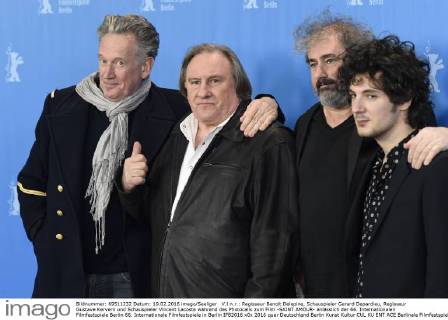 V.l.n.r.: Regisseur Benoit Delepine, Schauspieler Gerard Depardieu, Regisseur Gustave Kervern und Schauspieler Vincent Lacoste während des Photocalls zum Film -SAINT AMOUR- anlässlich der 66. Internationalen Filmfestspiele Berlin 66. Internationale Filmfestspiele in Berlin IFB2016