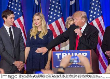 Feb. 20, 2016 - Spartanburg, South Carolina, United States of America - Billionaire and GOP presidential candidate Donald Trump reaches over to pat the baby bump of daughter Ivanka and her husband Jared Kushner as they celebrate victory in the South Carolina Republican primary February 20, 2016 in Spartanburg, South Carolina, USA Spartanburg United States of America - ZUMAe02_