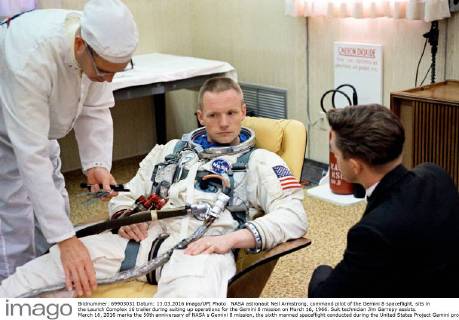 NASA astronaut Neil Armstrong, command pilot of the Gemini 8 spaceflight, sits in the Launch Complex 16 trailer during suiting up operations for the Gemini 8 mission on March 16, 1966. Suit technician Jim Garrepy assists. March 16, 2016 marks the 50th anniversary of NASA s Gemini 8 mission, the sixth manned spaceflight conducted during the United States Project Gemini program. The primary objective of the mission, the successful docking of two spacecraft in orbit, a first in spaceflight, was a success though the crew would experience a critical in-space system failure, forcing them to abandon the mission prematurely.  WAX0316201628 NASA