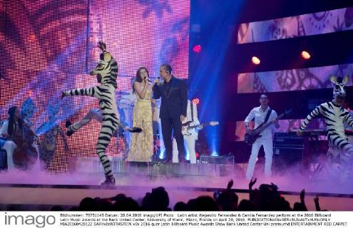 Latin artist Alejandro Fernandez & Camila Fernandez perform at the 2016 Billboard Latin Music Awards at the Bank United Center, University of Miami, Miami, Florida on April 28, 2016.  MIA20160428122 GARYxIxROTHSTEIN
