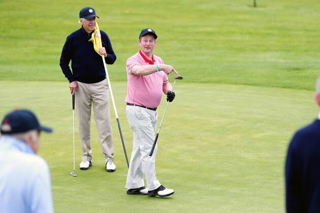 June 23, 2016 - Castlebar, Mayo, Ireland - U.S. Vice President Joe Biden joins Irish Taoiseach Enda Kenny in a round of golf at Castlebar Golf Club June 23, 2016 in Castlebar, County Mayo, Ireland. Castlebar Ireland - ZUMAp138