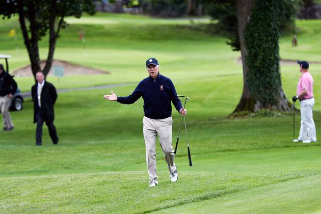 June 23, 2016 - Castlebar, Mayo, Ireland - U.S. Vice President Joe Biden joins Irish Taoiseach Enda Kenny in a round of golf at Castlebar Golf Club June 23, 2016 in Castlebar, County Mayo, Ireland. Castlebar Ireland - ZUMAp138