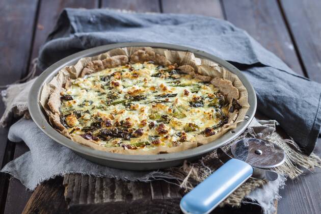Baking dish of green asparagus tart with feta cheese  SBDF002941