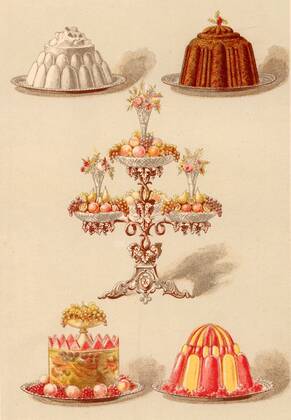 Moulded puddings for a dinner party. Blancmange, Christmas pudding, Fruit jelly with fruit set in it, Jelly in two colours. The centrepiece is an epergne holding mixed fresh fruit and decorated with flowers. Chromolithograph from Cassell s Book of the Household (London, c1895). WHA  !ACHTUNG AUFNAHMEDATUM GESCHÄTZT! Copyright: WHA UnitedArchives010131