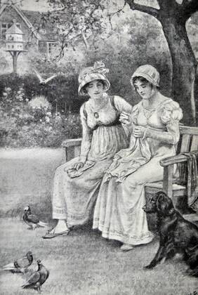 Engraving of Jane Austen and her sister Cassandra doing needlework in the rectory garden. Dated 1810 WHA  !ACHTUNG AUFNAHMEDATUM GESCHÄTZT! Copyright: WHA UnitedArchivesWHA_052_0926