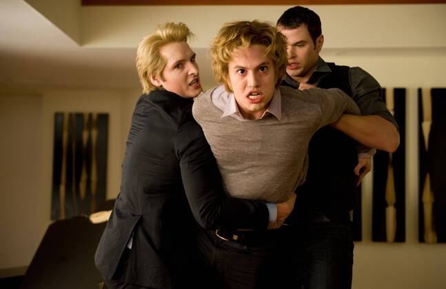RELEASE DATE: November 20, 2009. MOVIE TITLE: Twilight: New Moon. STUDIO: Imprint Entertainment. PLOT: After Bella recovers from the vampire attack that almost claimed her life, she looks to celebrate her birthday with Edward and his family. However, a minor accident during the festivities results in Bella s blood being shed, a sight that proves too intense for the Cullens, who decide to leave the town of Forks, Washington for Bella and Edward s sake. Initially heartbroken, Bella finds a form of comfort in reckless living, as well as an even-closer friendship with Jacob Black. Danger in different forms awaits. PICTURED: JACKSON RATHBONE as Jasper Hale, PETER FACINELLI as Dr. Carlisle Cullen and KELLAN LUTZ as Emmett Cullen. - ZUMAg90_
