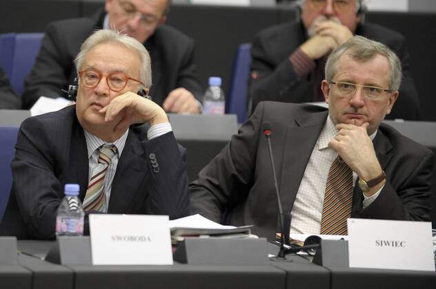 Jan 13, 2009 - Strasbourg, France - Austrian deputy HANNES SWOBODA (L) and Polish member of EP MAREK SIWIEC during meeting of Foreign Affairs Committee on gas crisis at European Parliament (EP). - ZUMAw80_