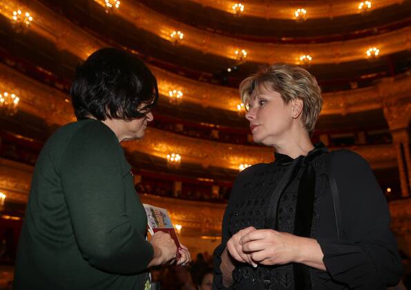 MOSCOW, RUSSIA - SEPTEMBER 13, 2016: Director of the Moscow Kremlin Museums, Yuri Gagarin s daughter Yelena Gagarina (R) and Tretyakov Gallery director Zelfira Tregulova talk at Moscow s Bolshoi Theatre where a production of Giuseppe Verdi s opera Simon Boccanegra is to be presented by the Teatro alla Scala (Milan s grand opera house) as part of the 2016 Chereshnevy Les Open Art Festival. Artyom Korotayev TASS  TS031140