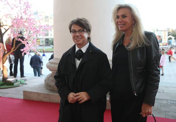 MOSCOW, RUSSIA - SEPTEMBER 13, 2016: Fashion designer Valentin Yudashkin with wife Marina at Moscow s Bolshoi Theatre where a production of Giuseppe Verdi s opera Simon Boccanegra is to be presented by the Teatro alla Scala (Milan s grand opera house) as part of the 2016 Chereshnevy Les Open Art Festival. Artyom Korotayev TASS  TS031167