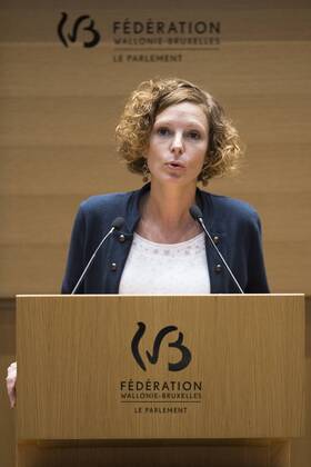 Federation Wallonia - Brussels Minister of Education and School Buildings Marie-Martine Schyns pictured during the rentree plenary session of the parliament of the Federation Wallonia Brussels (Federation Wallonie Bruxelles - Federatie Wallonie Brussel, also former Communaute Francaise) in Brussels, Thursday 22 September 2016. LAURIExDIEFFEMBACQ 04938508