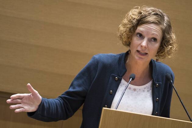 Federation Wallonia - Brussels Minister of Education and School Buildings Marie-Martine Schyns pictured during the rentree plenary session of the parliament of the Federation Wallonia Brussels (Federation Wallonie Bruxelles - Federatie Wallonie Brussel, also former Communaute Francaise) in Brussels, Thursday 22 September 2016. LAURIExDIEFFEMBACQ 04938506