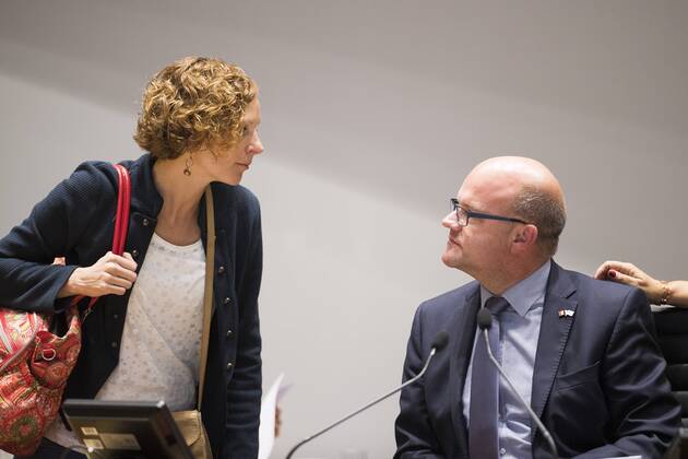 Federation Wallonia - Brussels Minister of Education and School Buildings Marie-Martine Schyns and Chairman of the Federation Wallonia - Brussels parliament, Philippe Courard pictured during the rentree plenary session of the parliament of the Federation Wallonia Brussels (Federation Wallonie Bruxelles - Federatie Wallonie Brussel, also former Communaute Francaise) in Brussels, Thursday 22 September 2016. LAURIExDIEFFEMBACQ 04938653