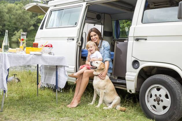 Mother and son with dog at van in the nature model released Symbolfoto property released  FMKF002786