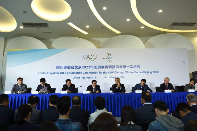-- BEIJING, Oct. 12. 2016 -- Participants from IOC Coordination Commission and the Beijing Organizing Committee for the 2022 Olympic and Paralympic Winter Games attend the press conference for the 1st Meeting of the IOC Coordination Commission for the XXIV Olympic Winter Games Beijing 2022 in Beijing, capital of China, Oct. 12, 2016. ) (SP)CHINA-BEIJING-2022 OLYMPIC WINTER GAMES-IOC COORDINATION COMMISSION-PRESS CONFERENCE (CN) JuxHuanzong