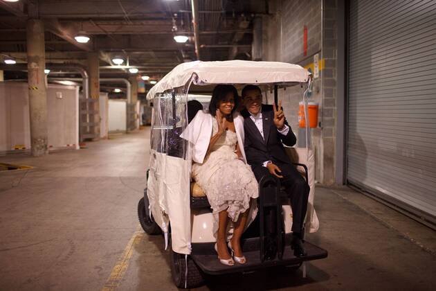 Feb. 20, 2010 - President Barack Obama and First Lady Michelle Obama ride in a golf cart an Inaugural ball 1 20 09..Barack Hussein Obama II (born August 4, 1961) is the 44th President of the United States. He is the first African American to be elected to office and the first president born outside the contiguous United States. Born in Honolulu, Hawaii, Obama is a graduate of Columbia University and Harvard Law School. He worked as a civil rights attorney and taught constitutional law at the University of Chicago Law School from 1992 to 2004. While serving three terms representing the 13th District in the Illinois Senate from 1997 to 2004, he ran unsuccessfully in the Democratic primary for the United States House of Representatives in 2000. - ZUMAz03_ 20100220_shh_z03_754