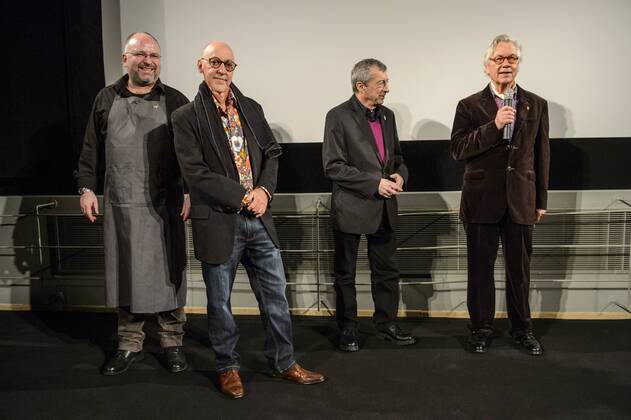 Sternekoch Christian Lohse, Regisseur Trevor Graham, der Künstler und Regisseur Philippe Mora und Sektionsleiter Thomas Struck beim Kulinarischen Kino der Berlinale am 16.02.2017